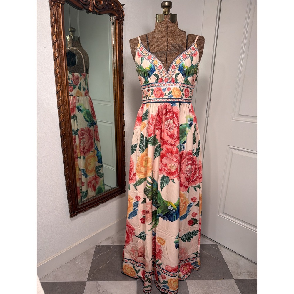 SHEIN Tropical Floral Parrot Maxi Dress Peach Pink V-Neck Smocked Back Size M